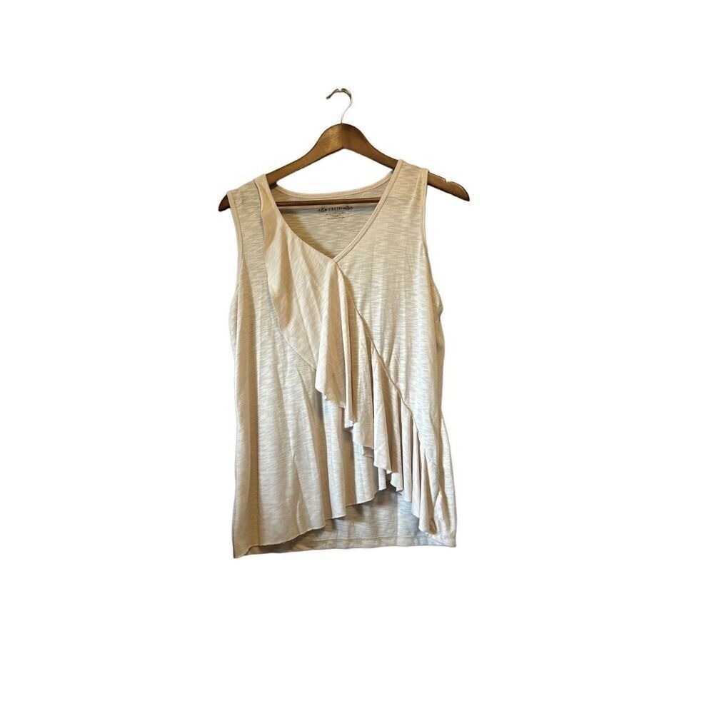 FRESH Sleeveless Ruffle Top Women's V Neck Casual Tank Beige